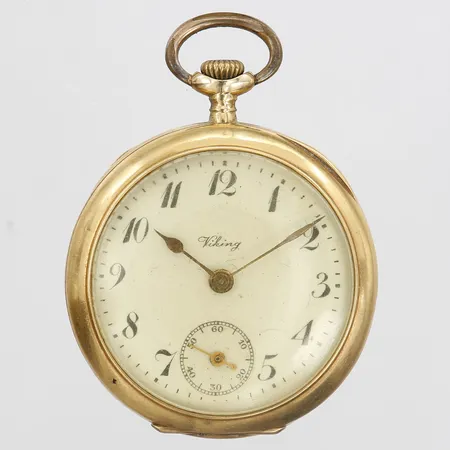 Fickur Viking, manuell, Ø32mm, liten sekundvisare, innerboett i metall, boett-nr: 849473, bruksslitage, etui, 18K guld. 