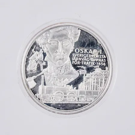 Mynt/plakett Kungariket Sverige, Oscar 1 Sveriges första järnväg, Ø36mm, 925/1000 silver, med plastetui (sprickor) Vikt: 27,1 g