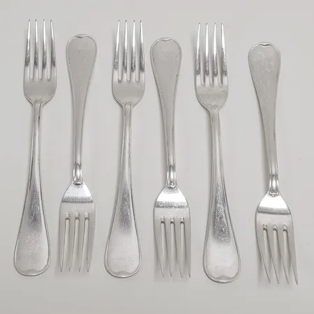 6 Bordsgafflar, modell: Svensk Rund, längd: 179mm, Lidköpings Matsilver Ab, Lidköping, 2003, repor, silver, 830/1000 Vikt: 278,1 g