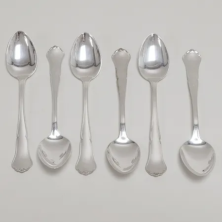 6 Kaffeskedar, modell: Hansa, längd: 116mm, Auran Kultaseppä Oy, Åbo, 1985-1988, mindre repor, silver, 830/1000 Vikt: 76 g