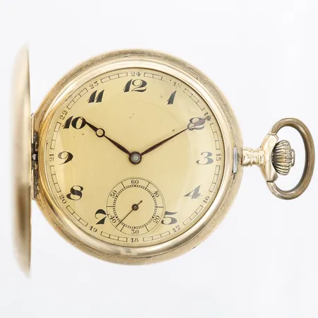 Fickur/ Savonett, 14K, manuell, Ø52mm, liten sekundvisare, plexiglas, innerboett samt ögla i metall, gravyr, boett-nr: 7427748, bruksslitage/repor, 14K guld, bruttovikt: 88,6g.