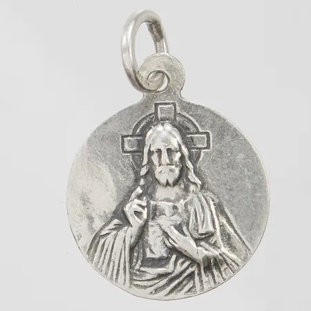 Hänge Madonna med Jesusbarnet på ena sidan samt Jesu Heliga Hjärta på andra sidan, 28,5x19,3mm, silver, 925/1000 Vikt: 3,5 g