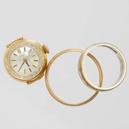 Diverse guld, defekt, glas samt urverk, personliga gravyrer, 18K brutto Vikt: 16,8 g