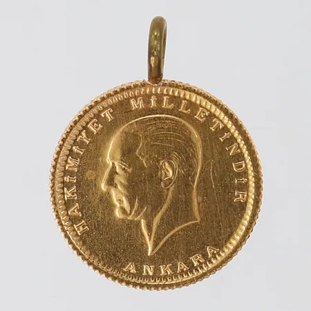 Hänge/mynt Ataturk, Ø14,5mm, 1923, med ögla i oädel metall 22K. Vikt: 1,9 g