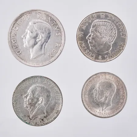 1 Mynt Syd-Africa, 2stycken 5-kronor (år 1955, 1966), 1stycken 2-krona (1947), 40%-50% silver Vikt: 78 g