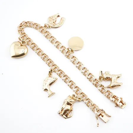 Armband bismarck m 6 berlocker, 18,5cm, bredd ca 5mm, 18k Vikt: 13 g