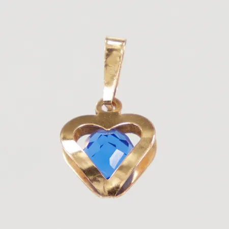 Hänge hjärta med blå sten, längd inklusive ögla 15,2mm, bredd 9mm, 18K,  Vikt: 0,3 g