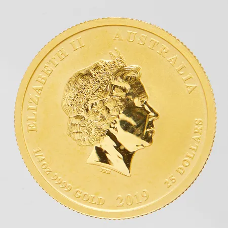 Mynt Elizabeth II Australia 2019 25 dollars 1/4 oz, Year of the pig, Ø22mm, 24K, plastetui. Vikt: 7,8 g