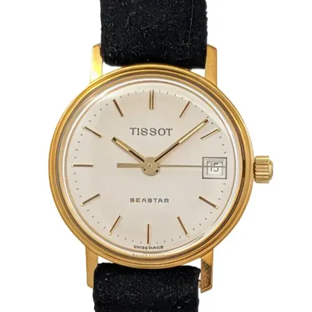 Damur Tissot Seastar, 18K guld, Ø22 mm, quartz - behov av nytt batteri, gravyr "För nit och redlighet...", original skinnband och spänne, fint skick Vikt: 14,2 g