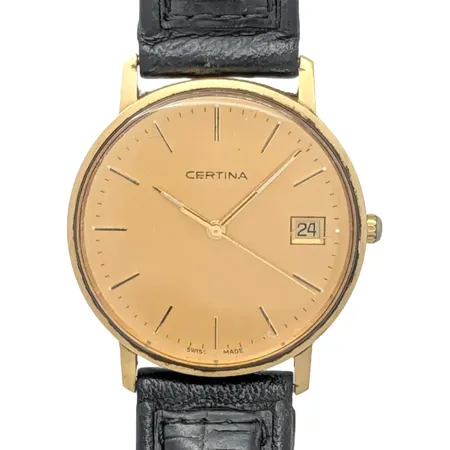 Herrur Certina, 14K guld, Ø33,5 mm, quartz - behov av nytt batteri, bruksmärken, repor, sliten krona, defekt skinnband,  Vikt: 31,3 g