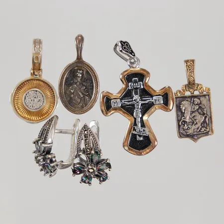 4 hängen, ett par örhängen, stenar saknas, silver, Vikt: 19,2 g