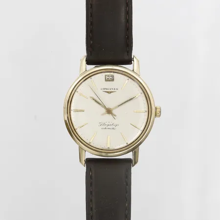 Herrur Longines Flagship, Ø35mm, automatic, quartz, datum, pleaxiglas, guld/stål, brunt läderarmband, bruksslitage/repor. 