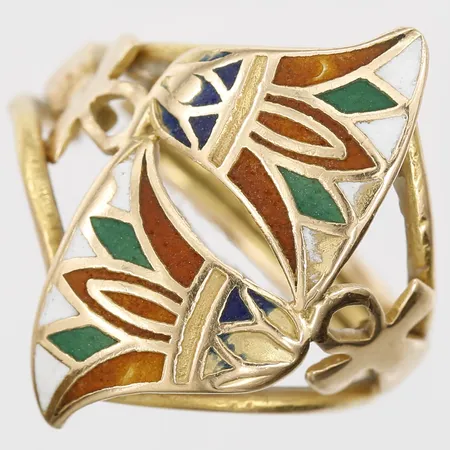 Ring med emalj, stl: 16, bredd: 4 - 23mm, defekt/av, emaljbortfall, 18K guld.  Vikt: 5,3 g