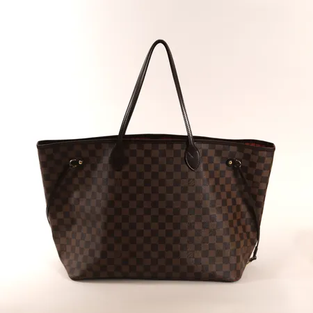 Väska, Louis Vuitton Neverfull NM GM, Damier Ebene Canvas, , N41357, datumkod: FL5115, Frankrike år 2015, mått ca 39 x 19 x 32cm, brunt skinn, beslag i gulfärgad metall, rödrandigt innerfoder, en innerficka samt tillhörande clutch, kvitto inköpt från Louis Vuitton Birger Jarlsgatan år 2016, dustbag, bruksslitage, slitage på yttre bottenhörn, mindre fläckar invändigt. 