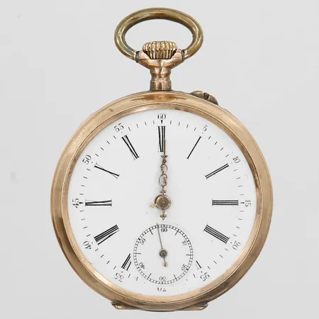 Fickur med dekor, manuell, Ø32mm, liten sekundvisare, innerboett i metall, boett-nr-11303, gravyr, plexiglas av, etui med slitage. 