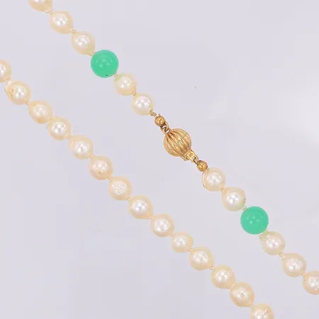 Pärlcollier med odlade sötvattenpärlor Ø6-7mm, 49cm, 2 gröna stenar, guldlås 18k Vikt: 0 g