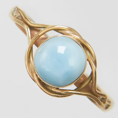 Ring med turkos, stl17½, bredd 2-8,5mm, lödning, bucklig, 14K, bruttovikt: 1,4g.