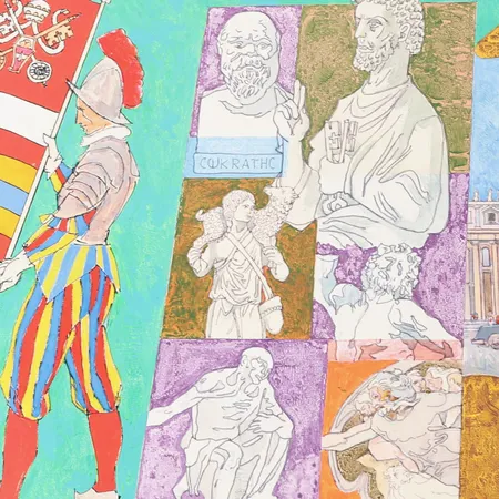 Tavla, Endel Köks, blandteknik på papper, "Vatican", signerad och daterad 73 bladstorlek ca 48 x ca 63cm ej inramad, slitage, kanter med klisterrester, hanteringsveck. Skickas med postpaket.