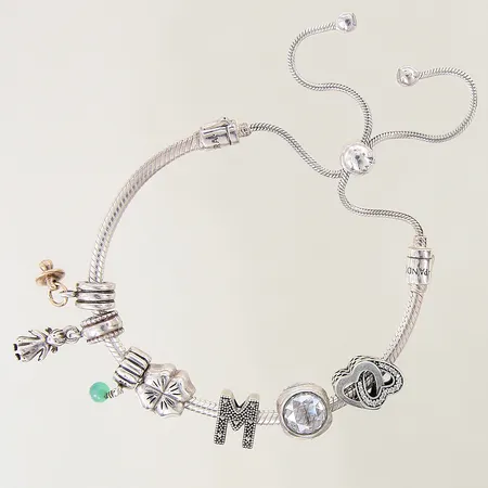 Armband Pandora med 7 berlocker, längd: ca 14-30cm, bredd: 1,5-11,4mm, justerbar, silver 925/1000 Vikt: 30,8 g