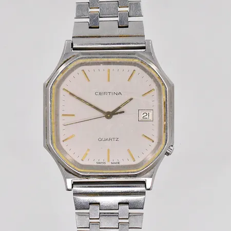 Herrur Certina, stål, 30x30mm, quartz, datum, ASEA 100-års jubileum, repigt glas, står still