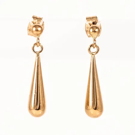 Hängande örhängen Droppar i 18K guld. De är 4,5 mm breda, 22 mm långa och väger 1,3g. Fint skick. 