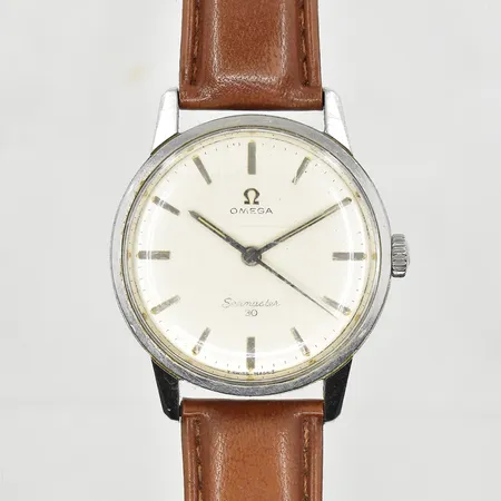 Herrur Omega Seamaster 30, stål, manuell, ca 1960-1970-tal, boett Ø34 mm, något trög krona, brunt läderband