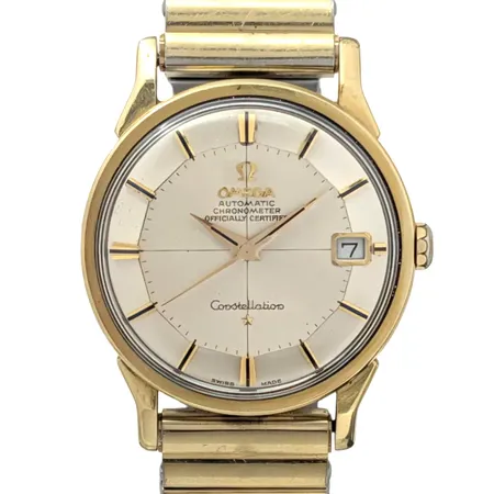 Herrur Omega Constellation " Pie-Pan ", guld/stål, Ø34 mm, automatisk, kaliber 562, verknummer 23850206, referensnummer 168.005, sliten krona, universal flexband i stål, mindre bruksmärken, 