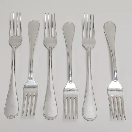 6 Matgafflar, modell: Svensk Rund, längd: 205mm, Lidköpings Matsilver Ab, Lidköping, 2003, repor, silver, 830/1000 Vikt: 408,1 g