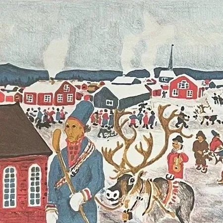 Tavla av Lars Pirak litografi, Jokkmokks marknad, 293/320, 32,5cm x 74,5cm, glas/ram 53 x 97cm, signerad med namn & bomärke, färgbortfall i ett hörn uppe på ramen, något skavd i två hörn Skickas med postpaket.