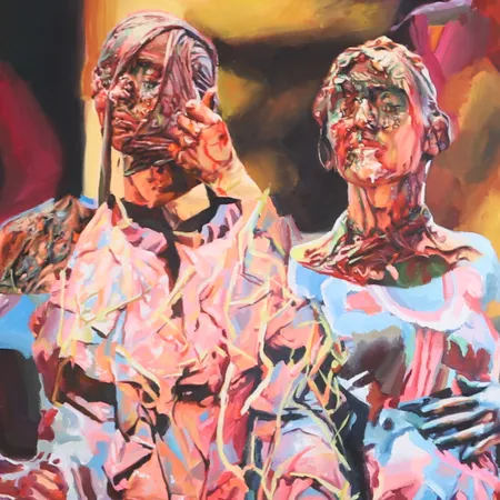 Tavla, Francine Spiegel, "Twins", olja på duk, ca 180x125cm, duk på spännram. Vikt: 0 g Specialfrakt, kontakta pantbankskontoret för mer information.