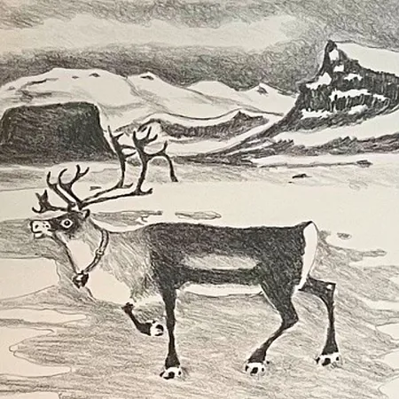 Tavla av Lars Pirak litografi 106/320, ren, Hierge Värre Vuolen, 24,5cm x 31,5cm, glas/ram 39 x 45cm signerad med namn & bomärke Skickas med postpaket.