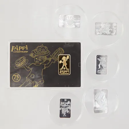 Samlingstackor Pippi Långstrump 75 år, Astrid Lindgren, Mynthuset 2020, Silver, 999/1000 Silvervikt 25g, 24K, Guldvikt: 2,5g