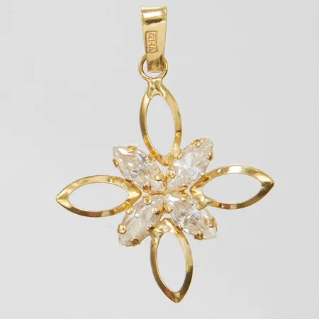 Hänge med vita stenar, längd ca 28mm inkl ögla, bredd 20mm, GHA, 18K, bruttovikt: 0,9g.