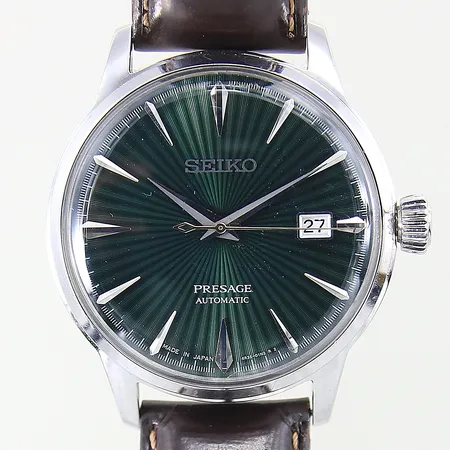 Herrur Seiko Presage Automatic, stål, automatisk, ref-nr: SRPD37J1, serie-nr: 9D1733, datum, glasbaksida, Ø40,5mm, läderband med lätt slitage, mineralglas med mindre repor, boett med mindre stötskada vid kant, inga tillbehör
