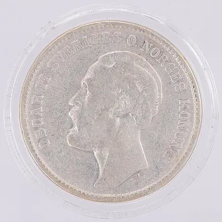 Mynt Oscar II 2 kr, år1878, 800/1000 silver 14,3g, intyg, etui
