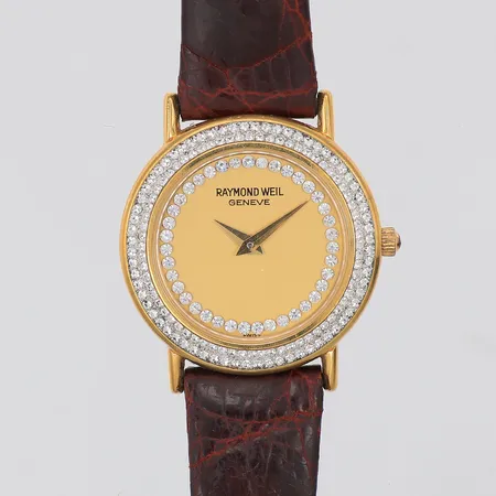 Damur Raymond Weil Ø23mm, quartz, vita stenar, 18K doublé, läderband, står still, trög krona, inga tillbehör