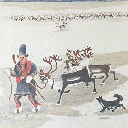 Tavla av Lars Pirak  litografi 220/320, Miessigriggasav lä lappani, 40x60, glas/ram 88 x 65cm signerad med namn & bomärke Skickas med postpaket.