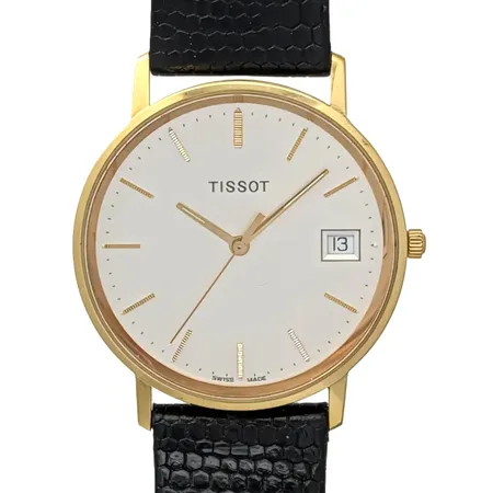 Herrur Tissot, 18K guld, Ø34 mm, quartz - behov av nytt batteri, gravyr, safirglas, original skinnband och spänne, fint skick, Vikt: 28,8 g