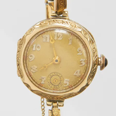 Damur 14K, manuell, 21mm, monogram, länk i 18K, säkerhetskedja, defekt lås, skadad urtavla, bruttovikt: 14,7g Vikt: 14,7 g