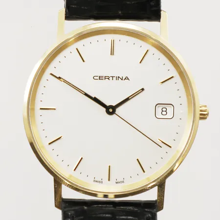 Armbandsur Certina, 18K, Ø33mm, quartz, datum, safirglas, gravyr, läderarmband, manual, originalask
