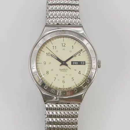 Herrur Swatch quartz 36mm stål flexband originaletui.