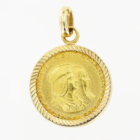 Hänge, mynt Ø15mm i 21,6K, ram i 18K, 23mm, bruttovikt: 3,4gram  Vikt: 3,4 g