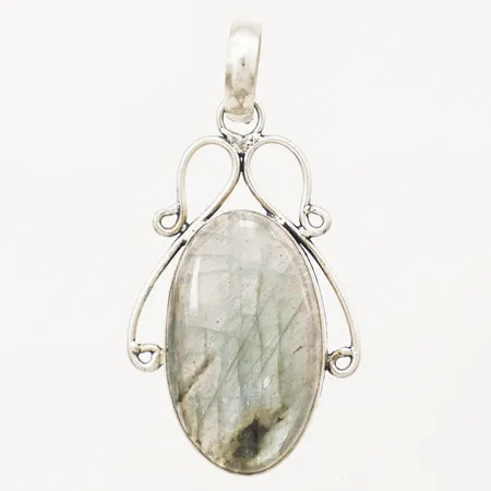 Hänge med labradorit, längd 56mm inkl ögla, bredd 29mm, 925/1000 silver  Vikt: 9,6 g