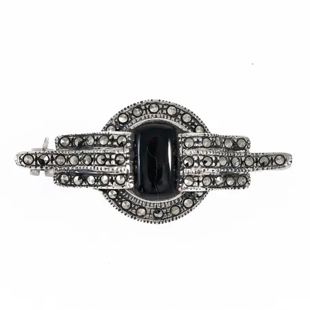 Brosch markasiter svart sten 40x18mm silver 925/1000 8,1g.