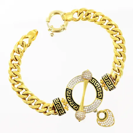 Armband vita stenar och emalj, meanderbård, 19,5cm, bredd 8-40mm, mindre bucklor, 21K Vikt: 22,6 g