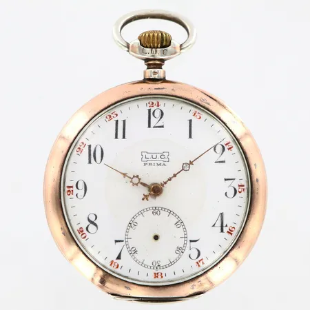 Fickur LUC Prima, manuell, Ø52mm, innerboett i metall, 15 rubis, sekundvisare saknas, buckla, sliten förgyllning, silver 800/1000, Bruttovikt: 85,1 g