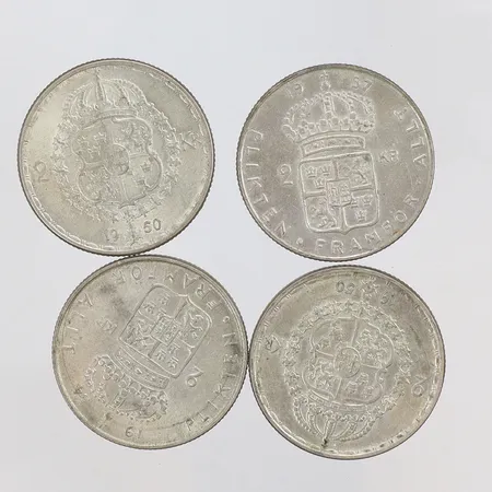 Fyra tvåkronor, 1950, 1954,1957, silver, 400/1000 Vikt: 55,8 g