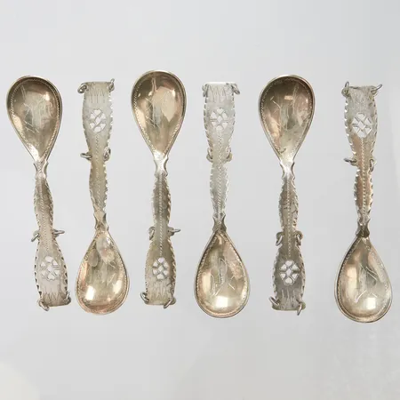 Sex skedar, längd ca 9,6cm, sliten förgyllning, 830/1000 silver Vikt: 51,9 g