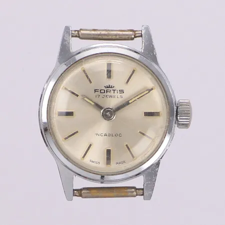 Damur Fortis, stål, manuell, 21,5mm, boettnr 2402, repigt plexiglas, armband saknas, inga tillbehör. 