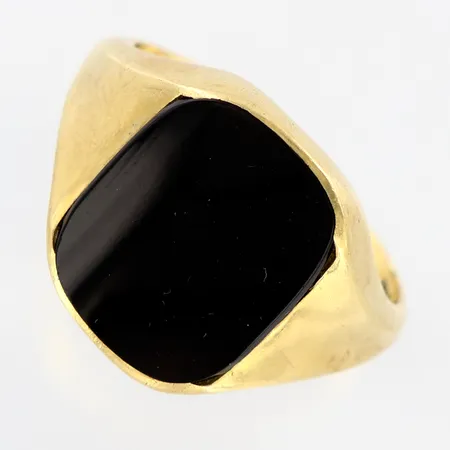 Klackring med svart sten, stl 19½, bredd: 16mm, slitage, 14K Vikt: 5,3 g